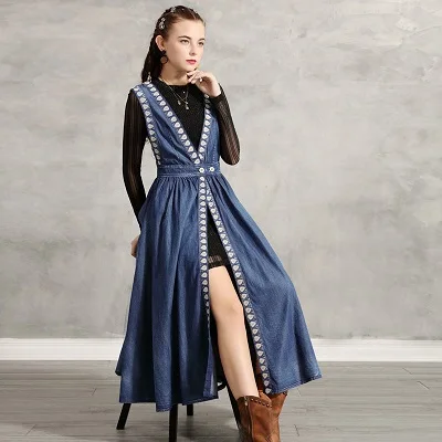 Синий Женское платье Yuzi. may Boho Новое джинсовое женское платье из двух частей с v-образным вырезом винтажное платье с вышивкой A82183 Vestido - Цвет: Синий