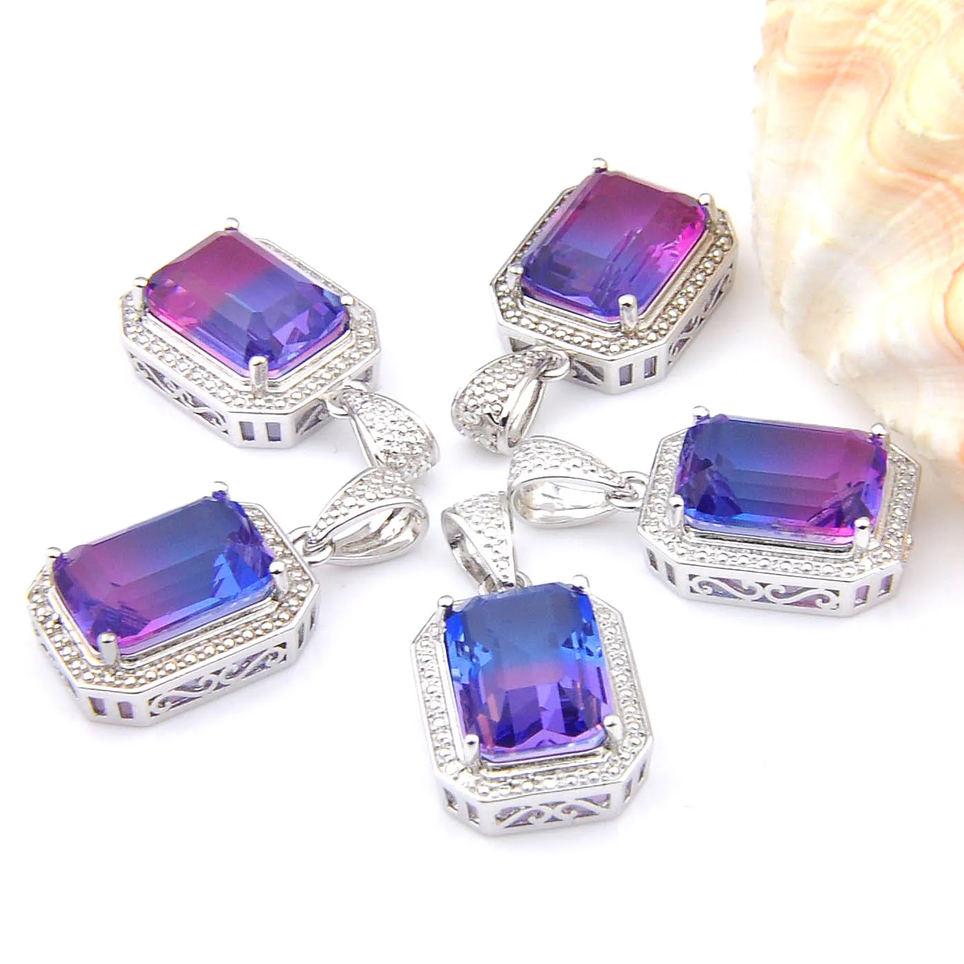 MIX 5 PCS Xmas Gifts Big Offer Shine Square Purple Bi-Colored Tourmaline Silver Necklaces Pendants for Holiday Party Gifts
