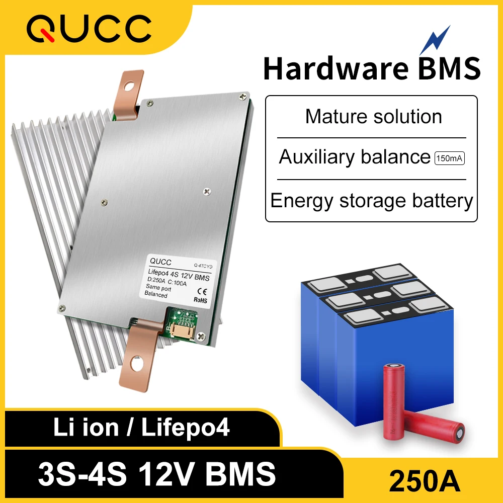 Qucc Lifepo4 BMS 4S 12V 250A Solar Energy Inverter Equalizer Protection Board with Balance for 3.2V Lithium Battery Pack