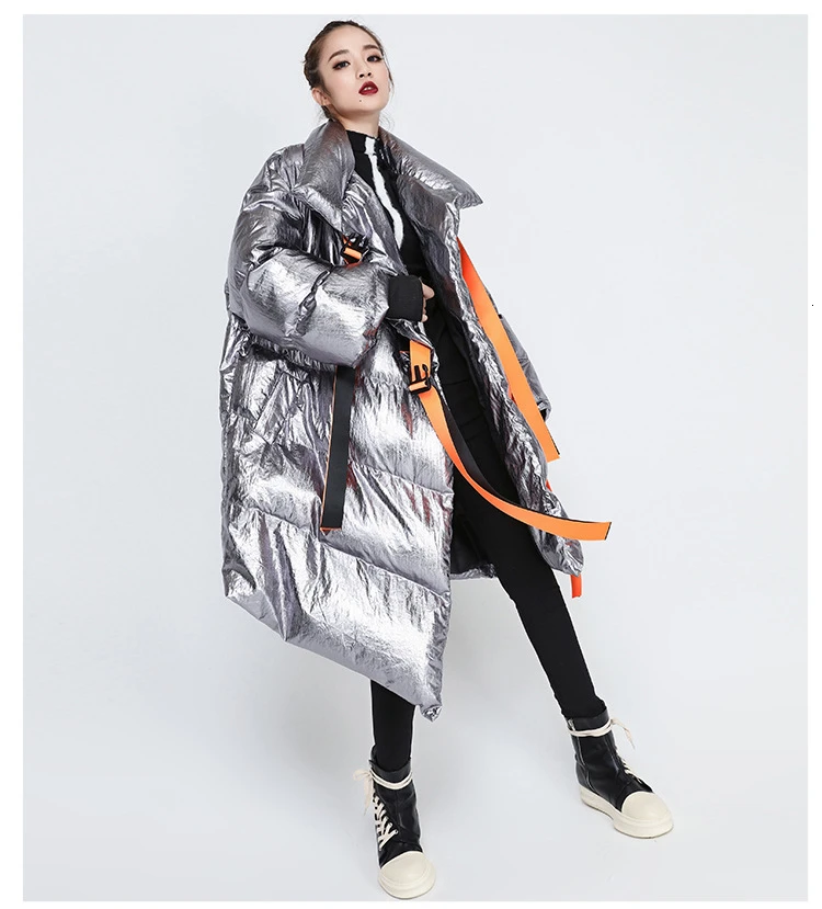 QING MO теплая плотная Женская куртка с хлопковой подкладкой, зимнее пальто с поясом, черный, серебристый цвет, куртка с хлопковой подкладкой ZQY1853 - Цвет: silver