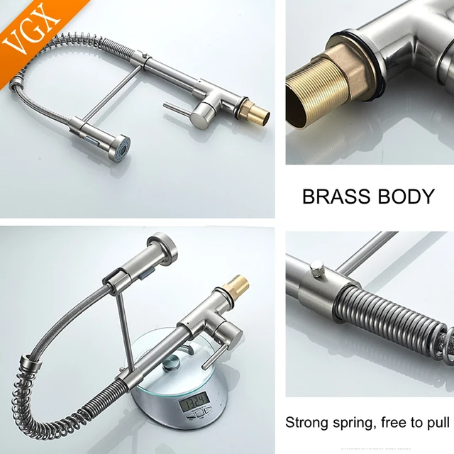 VGX Kitchen Faucet with Pull Down Sprayer Single Handle Mixer for Basin 360° Rotating Spring Style Taps Brass Chrome Gold Black 5