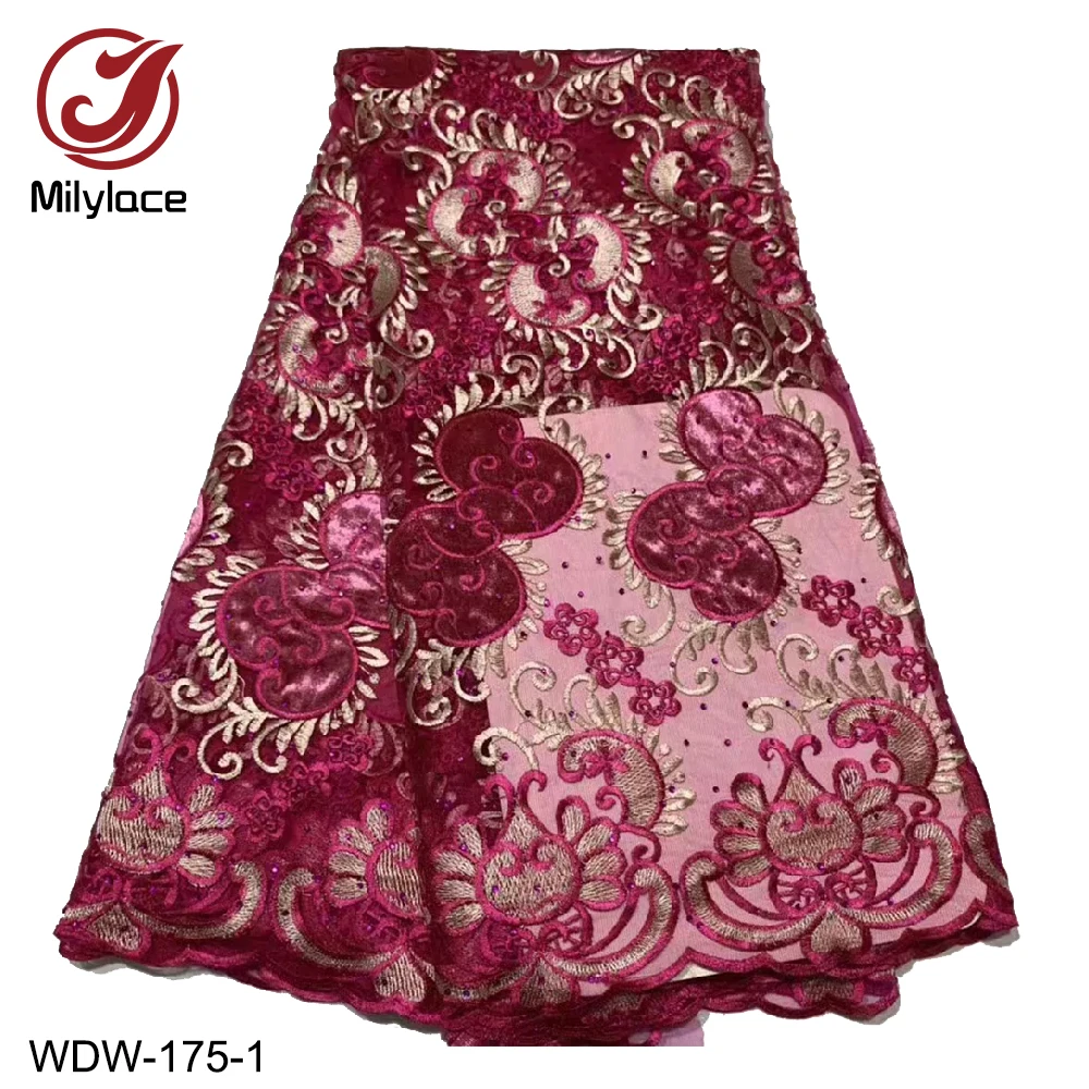 

New Arrival African Lace Fabric French Velvet Lace with Rhinestone Nigerian Lace Fabric for Party Dress WDW-175