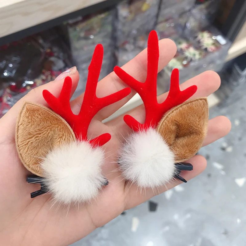 1 Pair Korea Fashion Christmas XMAS Cute Hair Clips Deer Antlers Mushroom Faux Fur Ball Girls Women Hairpins Hair Accessories