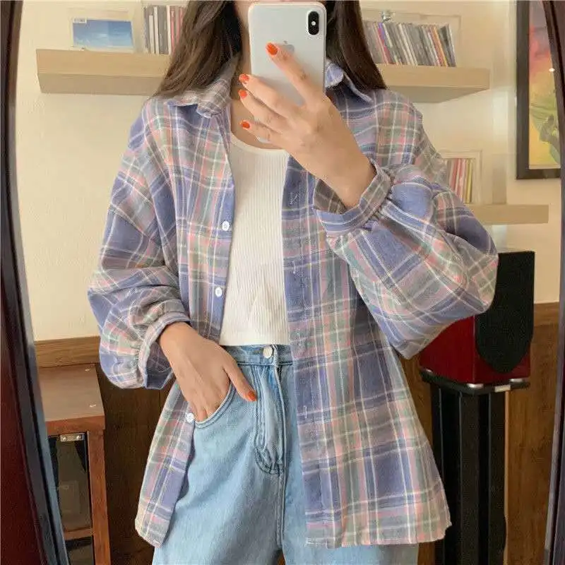 ZOKI Women Plaid Shirt Fashion Korean 