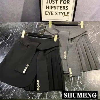 

2020 Summer New Button Lace-up Design Irregular Pleated Stitching Skirt Streetwear Women Retro High Waist Short Skirts