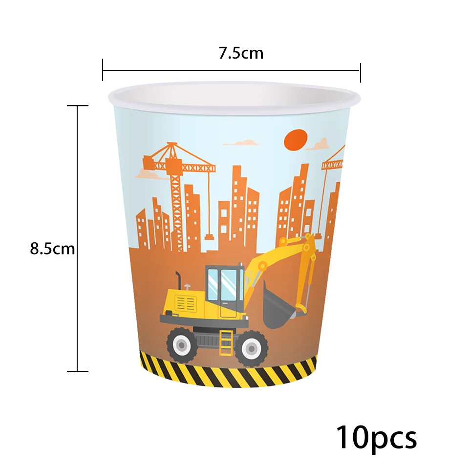 1set Construction Bulldozer Series Disposable Tableware Paper Cups Plates Truck Balloons For Boy's Birthday DIY Party Decoration