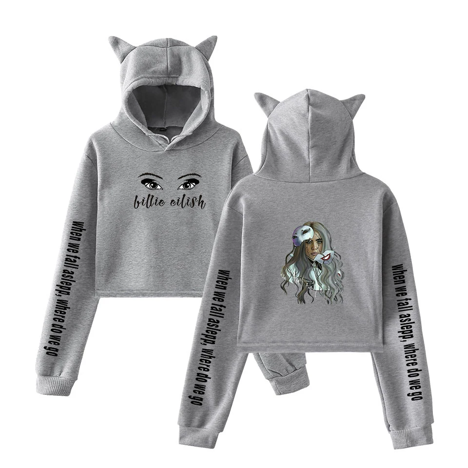 Толстовка в стиле хип-хоп Billie Eilish, женский милый топ, худи для девочек, Дамский модный пуловер, короткое худи с кошачьими ушами, толстовка