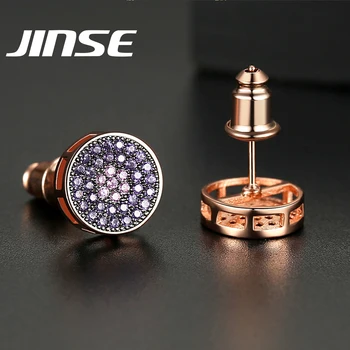 

JINSE 9MM Pink Zirconia Round Iced Earrings Rose Gold Color Paved Rhinestone Stud Earrings Fashion Street Rock Hip hop Jewelry