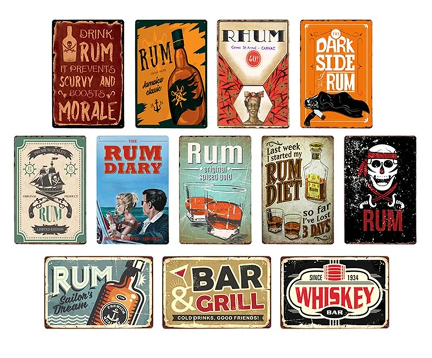 

Rum Wine Plaque Vintage Metal Tin Signs Retro Whiskey Iron Painting Poster Wall Art Decor For Bar Club Man Cave Restaurant Plate