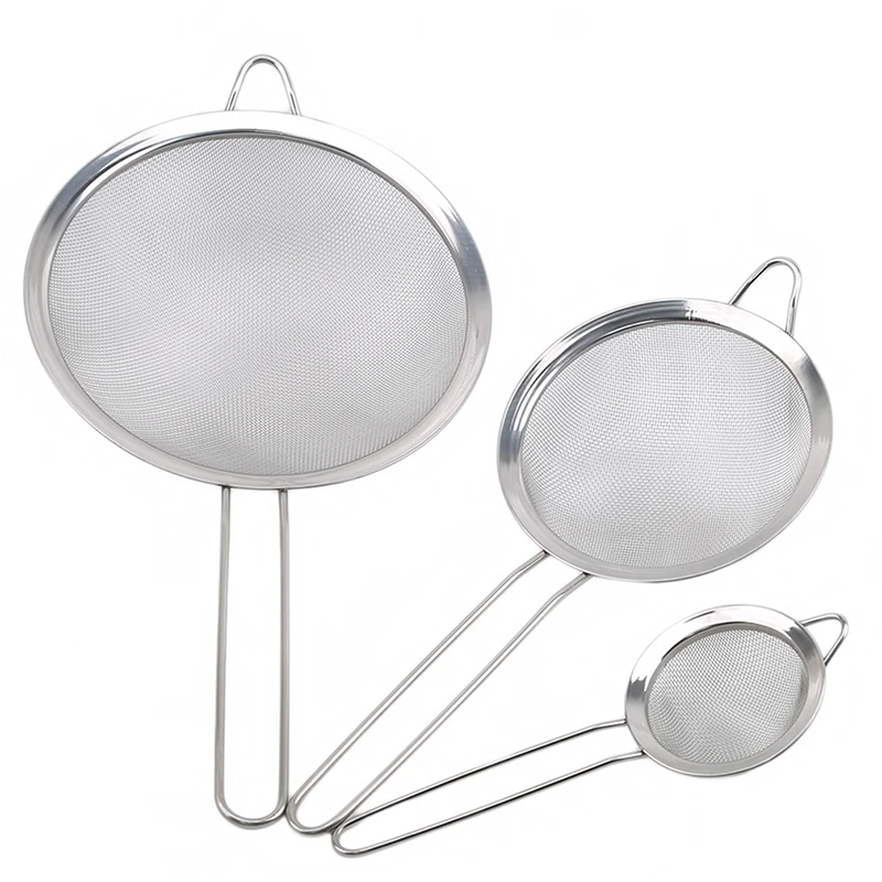 3Pcs Fine Mesh Food Strainer 304 Stainless Steel Colander Sieve With