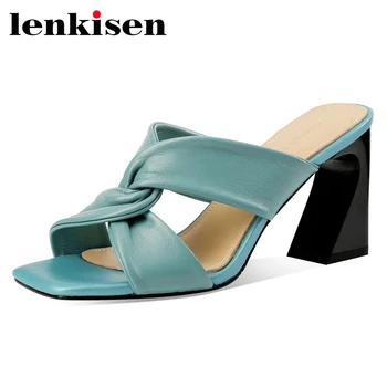 

Lenkisen genuine leather peep toe strange high heels handmade brand shoes simple style young lady slip on cozy sandals women L47