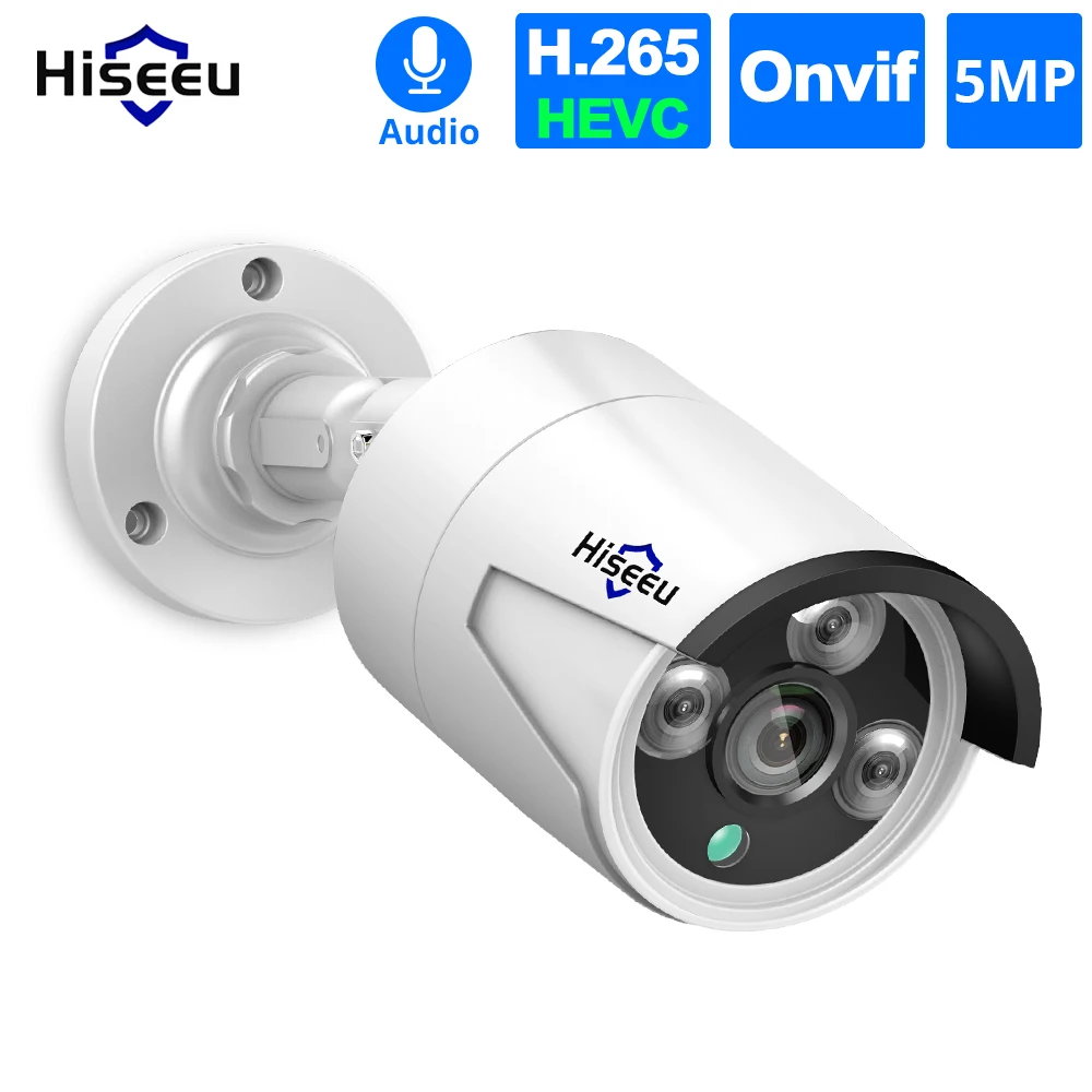 Hiseeu 5MP Audio Security IP Camera POE H.265 ONVIF Outdoor Waterproof IP66 CCTV Camera P2P Video Surveillance Home for POE NVR