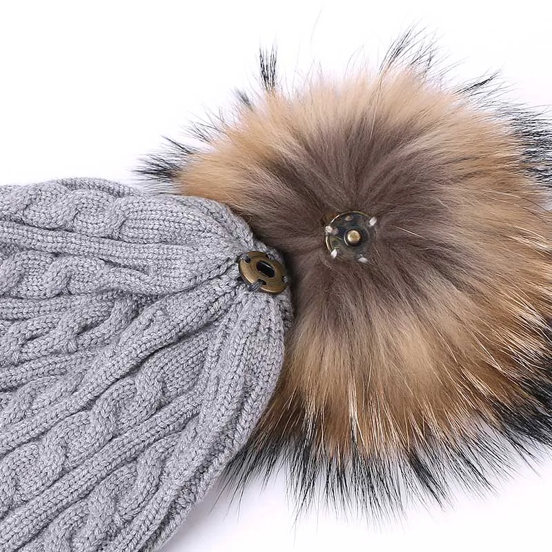 Детские шапки с помпоном, женские детские шапки, вязаные шапки Skullies, осенне-зимняя теплая вязаная шапка, чистый цвет, натуральный мех енота