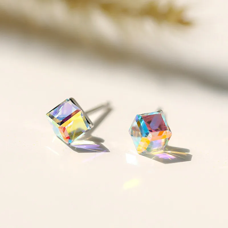 Серьги-гвоздики с кристаллами, Аутентичные серьги-кубики из стерлингового серебра 925 пробы для женщин, ювелирные аксессуары в стиле OL