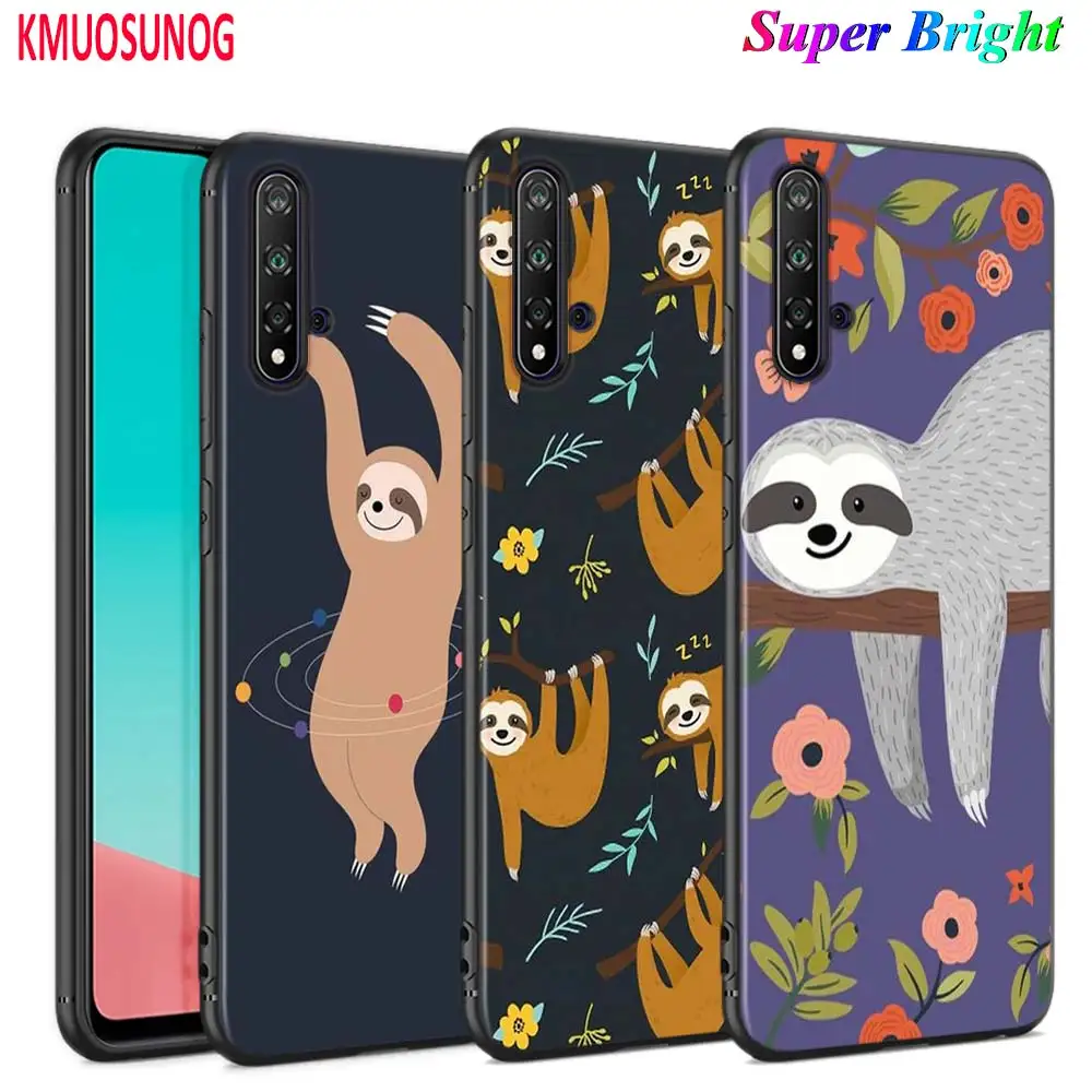 Black Cover Grey Sloths and Flowers for Huawei Nova 5 3i P Smart Z Plus 2019 P30 P20 Pro P10 P9 P8 Lite Phone Case | Мобильные