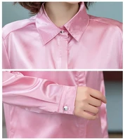 Elegant Office Ladies Work Shirt Women Blouse Long Sleeve Lapel Hidden Buttons Bright Basic Satin Silk Women Shirt Female Tops 6