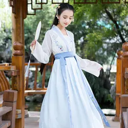 Китайский традиционный белый хлопок Hanfu Улучшенный женский костюм синий Han элемент женщины 2019 китайская юбка Dynastie Tang одежда