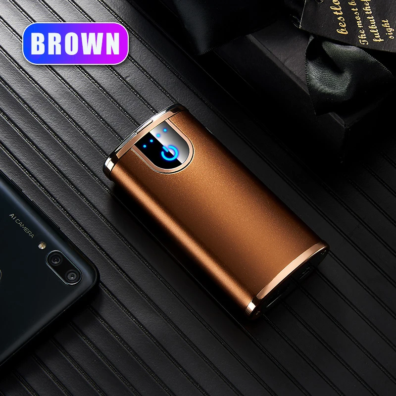 Lighter Rechargeable Windproof Cigarette Dual USB Electric Lighter Flameless Electronic Gadgets LED Spotlight Portable Charger - Цвет: Brown