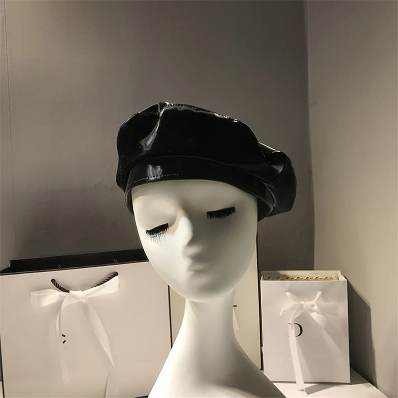 Bright Color Japanese Pu Leather Beret Hat Female Autumn And Winter