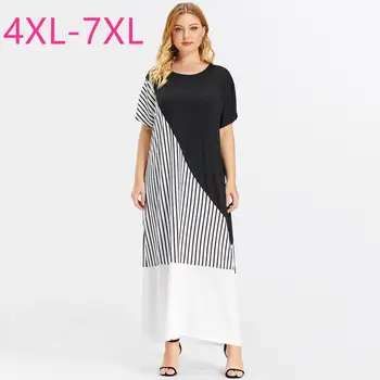 

New 2020 summer plus size ankle length dress for women loose casual short sleeve black white stripe long dress 4XL 5XL 6XL 7XL