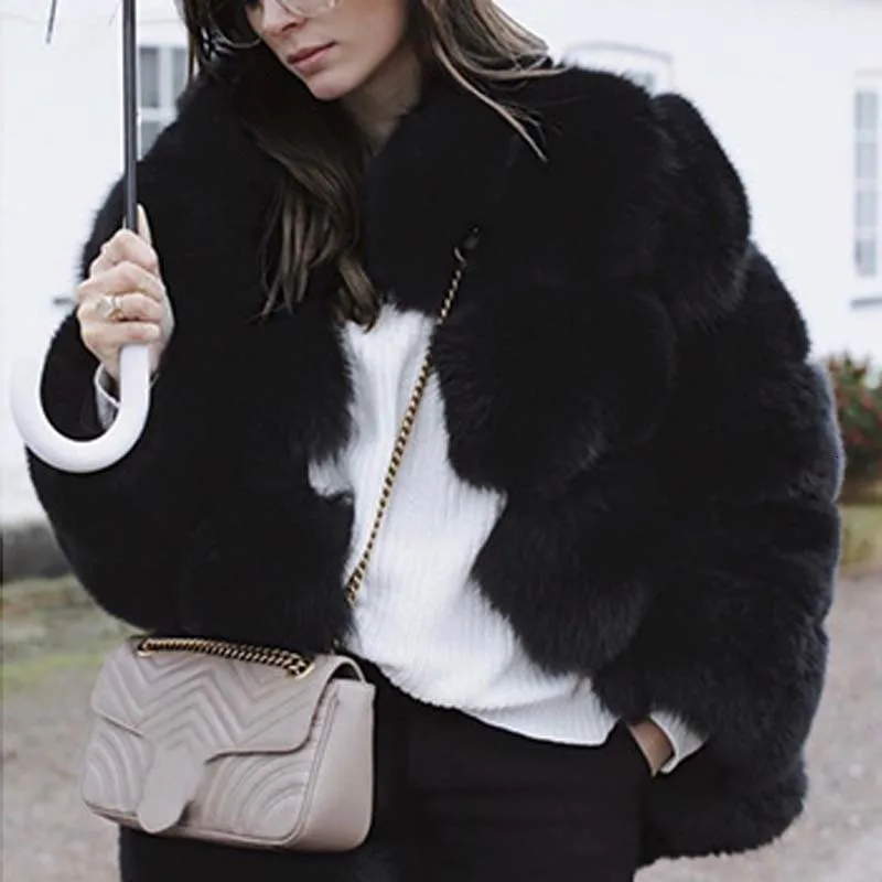 black faux fur coat Модные женские пальто из искусственного меха зимние толстые теплые куртки лохматый мех лисы пальто Верхняя одежда для женщин - Цвет: black faux fur coat