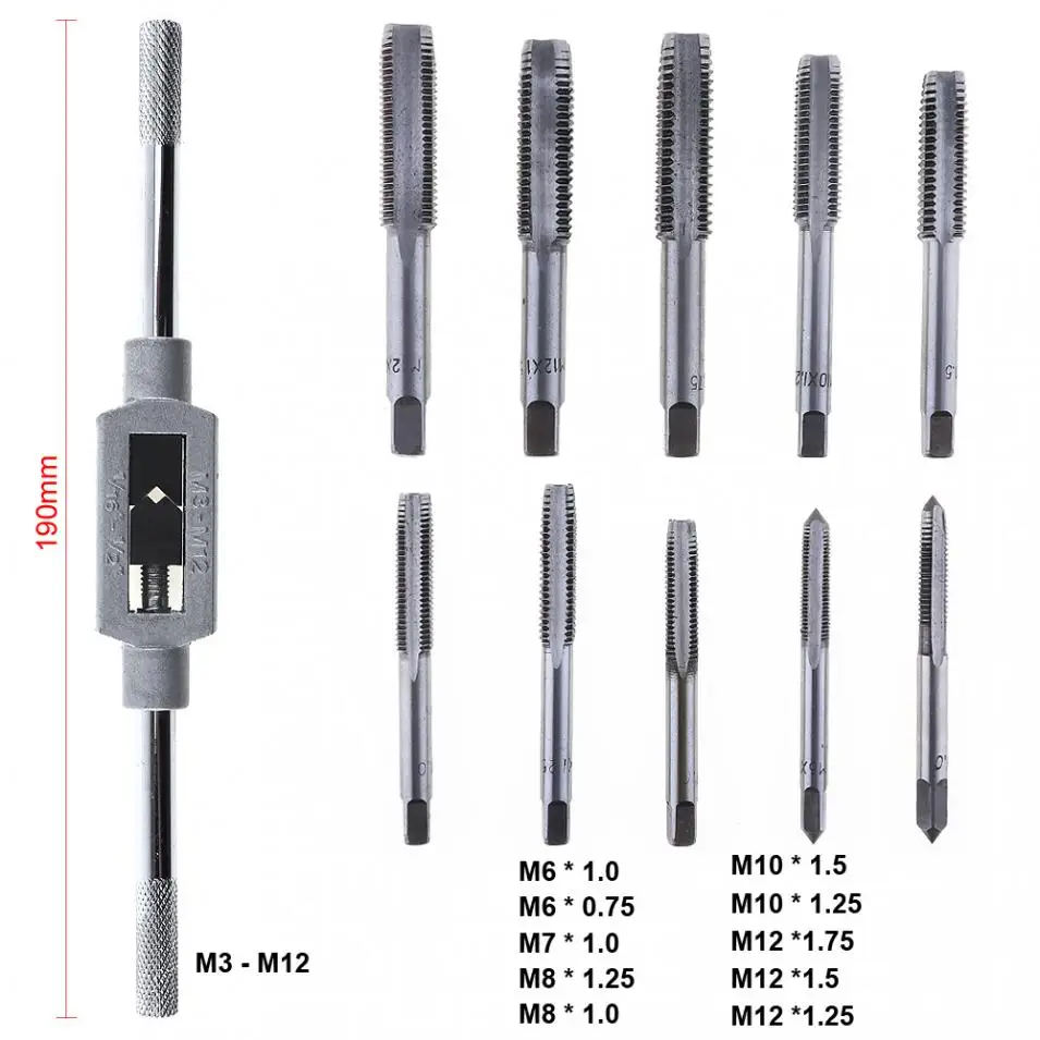 11 шт. ручные инструменты Cr-Mo Tap Die болт для удаления винтовых метрических заглушек с держателем каркаса инструмента и M6-M12 прямое сверло с канавками