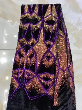 

2020 5yards /lot luxury gold sequins trim lace with purple African George flannel lace fabric for party dresses YYZ06233