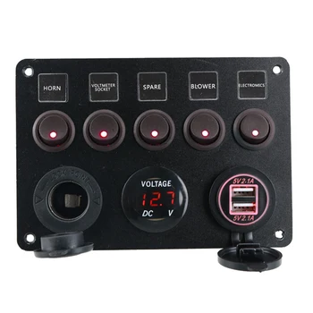 

12-24V 5 Gang Dual USB Socket Charger ON-OFF Toggle Switch Panel LED Power Outlet Voltmeter For Car Boat Marine RV Truck