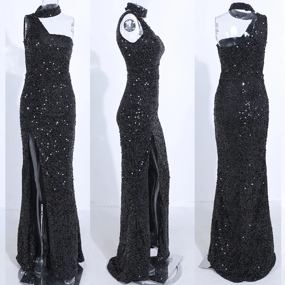 Женское асимметричное платье на бретельках с блестками для выпускного вечера