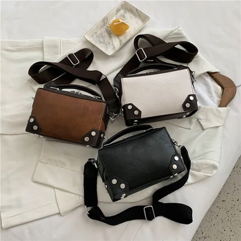 

Solid color wide shoulder strap Crossbody Bags For Women 2020 Design Shoulder Simple Bag Lady Box Handbags Rivet decoration
