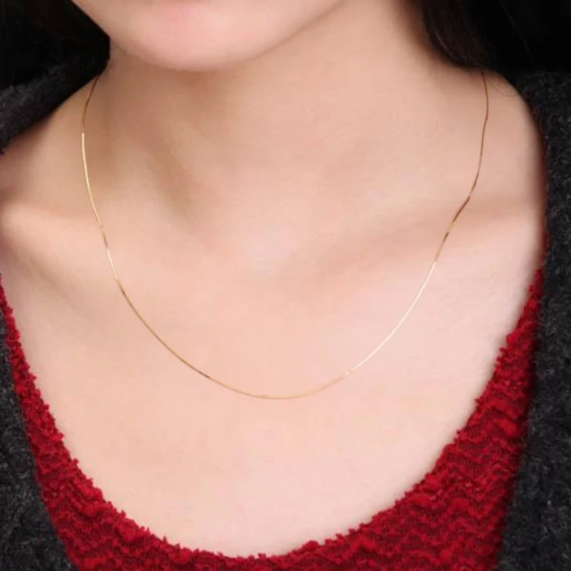 Настоящая 18k цепочка из желтого золота, Женская цепочка на удачу, цепочка на шею, 0.6mmW, 16-18 дюймов