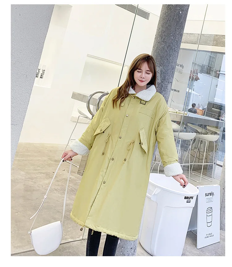 Women Lamb Wool Collar Long Hooded Oversize Winter Dress Down Coat Thick Warm Jacket Cotton Padded Wadded Parkas 3D Big Pocket