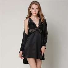 Chemise de nuit femme весна лето новая шелковая имитация пижамы Женское ночное белье костюм из двух предметов черная пикантная кружевная Пижама комплект