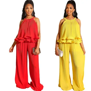 

Women Sexy Halter Sleeveless Crop Top Wide Leg Pants Suit Two Piece Set Ruffles Casual Solid Pleated Ruffle Beach Outfits
