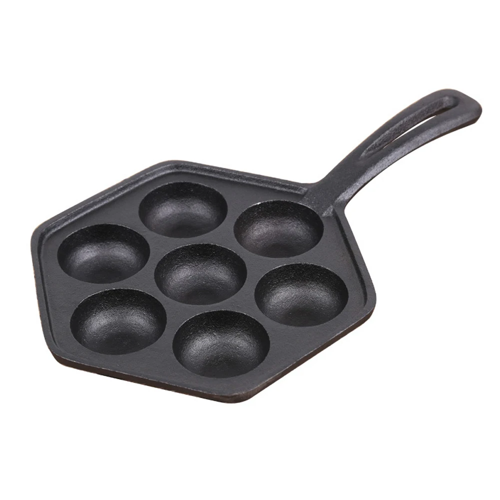 

Kitchen 7 Holes Practical Cast Iron Griddle Hexagon Stuffed Baking Meatball With Handle Portable Takoyaki Mold Hanging Non Stick