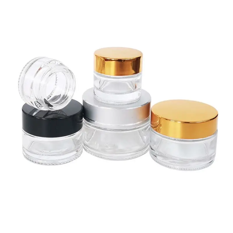 300 x Empty Clear Glass Cream Jar with Gold Black Lids white seal 1oz Make Up Cosmetic Glass Container 5g 10g 15g 20g 30g 50g