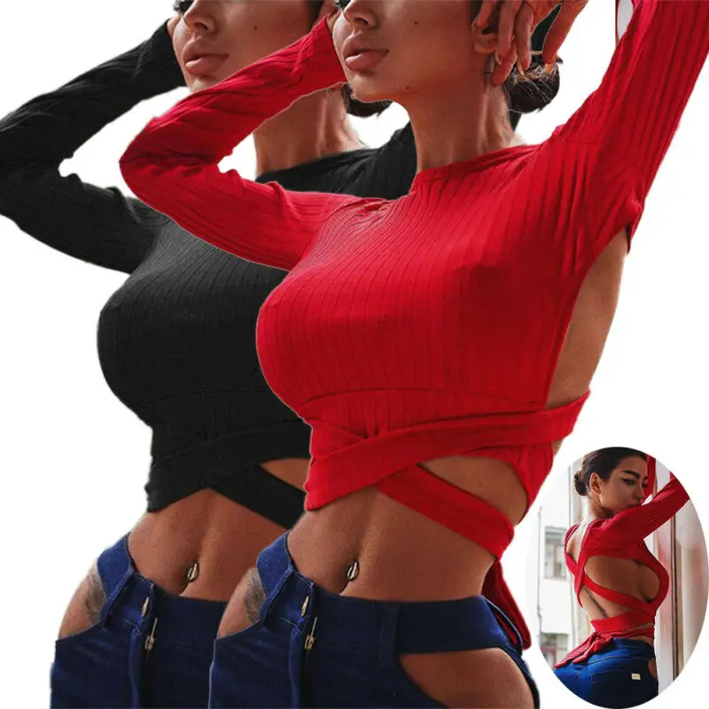

2020 Spring Autumn Tight Hole A Backless Top Bind Womens Long Sleeve Blouse Backless Pullover Ladies Casual Tee Shirt Tops