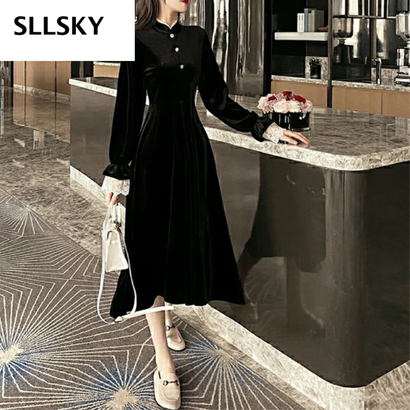 Черное бархатное платье SLLSKY винтажное Модное Элегантное теплое осенне-зимнее с