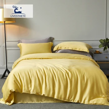 

Liv-Esthete Luxury 100% Natural Silk Noble Yellow Bedding Set Duvet Cover Flat Sheet Home Decor Double Queen King Bed Linen Set