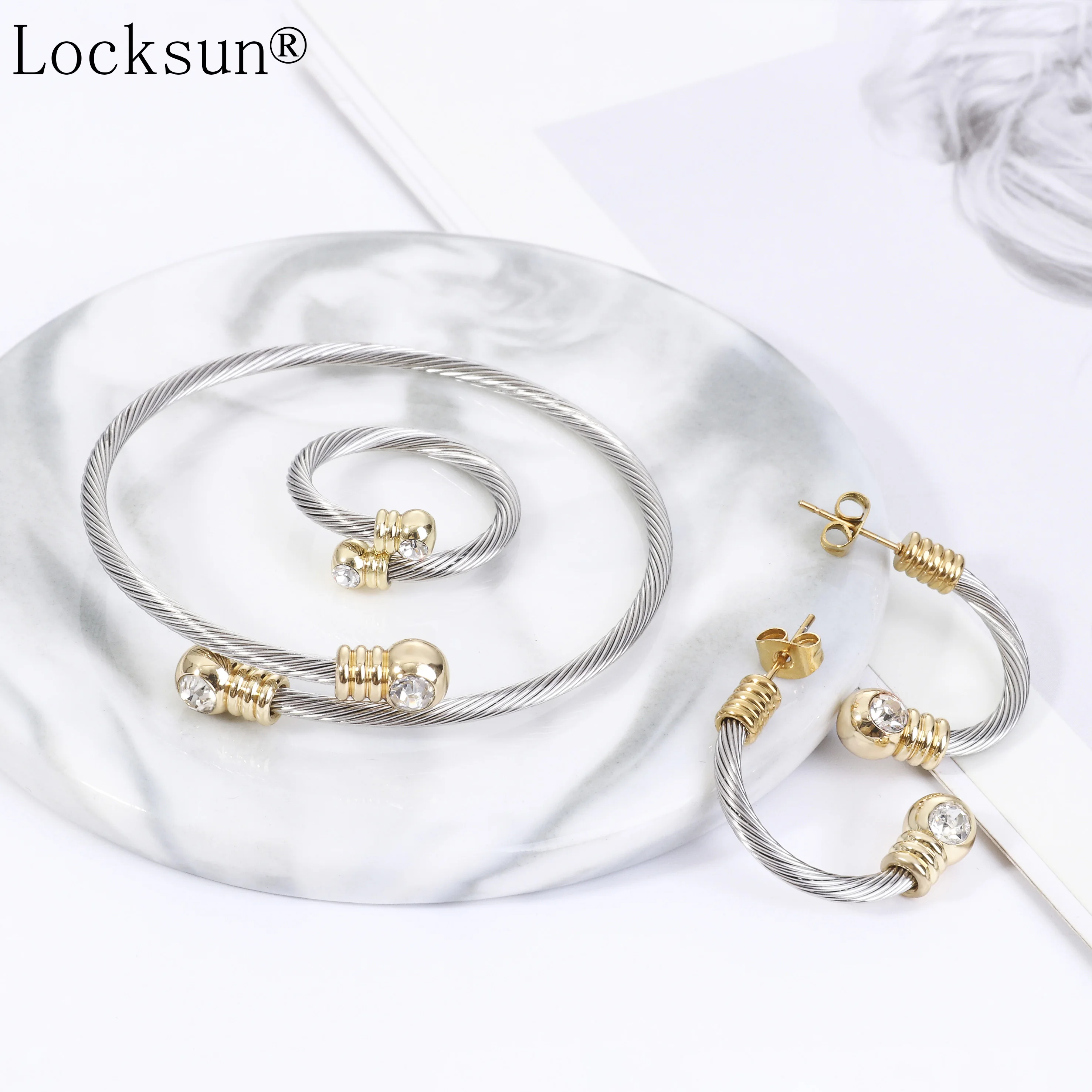 Locksun новые серьги-гвоздики с открытым кольцом комплекты с браслетом Модный золотой натуральный циркон женский свадебный изысканный круглый ювелирный набор из нержавеющей стали