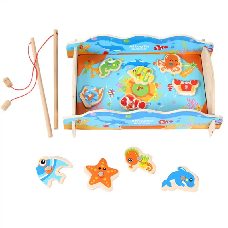 

Ming Tower Wood Fishing Toys Magnetic Double Poles Oceans Fishing Pool 2-Year-Old 3 Years Old Baby Hand-Eye Coordination Educati
