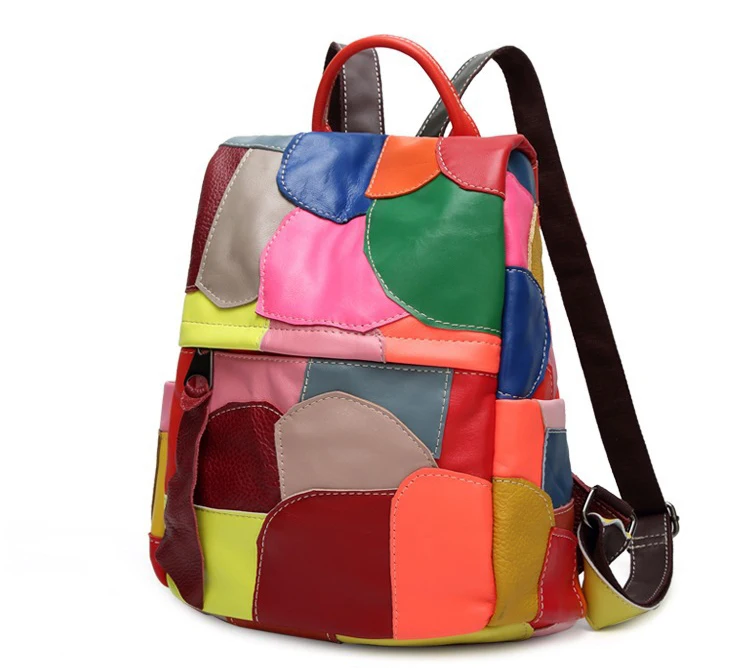 2020 Women Casual Handbag Sheepskin Students New Backpack Big Real Leather ladies Retro Travel Stitching Bag Natural Patchwork