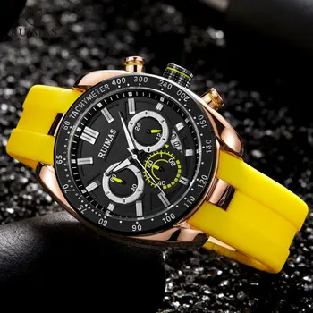 

RUIMAS Stylish Quartz Watches Men Luxury Silicone Wristwatch Chronograph Small Dials Luminous Clock Relogio Masculino 541 Yellow