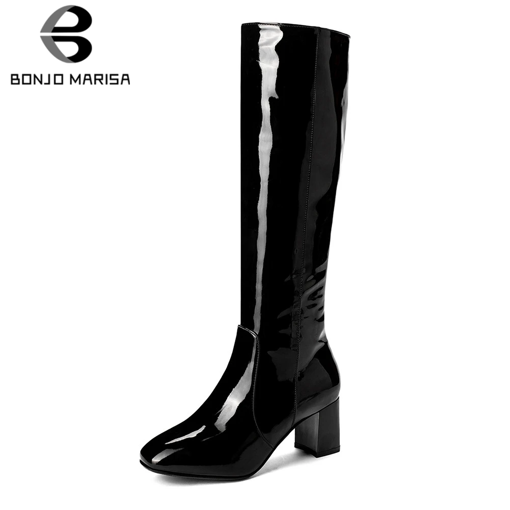 

BONJOMARISA Plus Size 34-45 Hot Sale Chunky Heels Knee High Boots Women Shoes Square Toe Zip Up 2019 Autumn Shoes Woman Boots