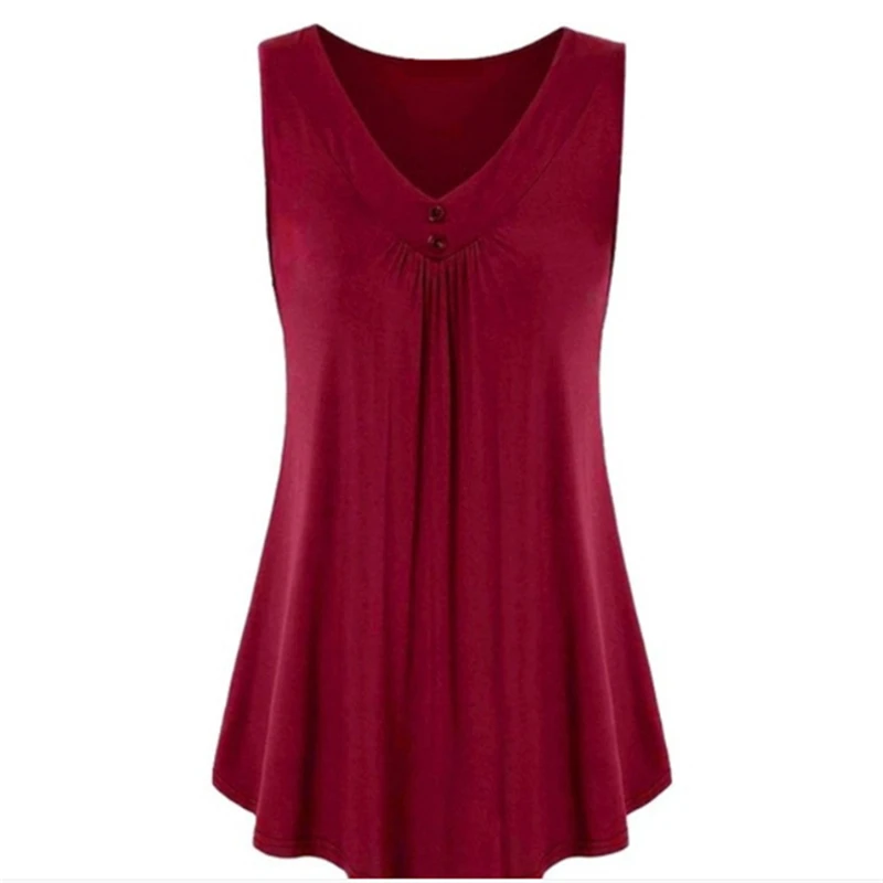wine red Новинка, женские топы, повседневная и Сексуальная футболка без рукавов, топы на пуговицах, плиссированные женские летние майки, топы размера плюс 2XL, женская одежда - Цвет: wine red