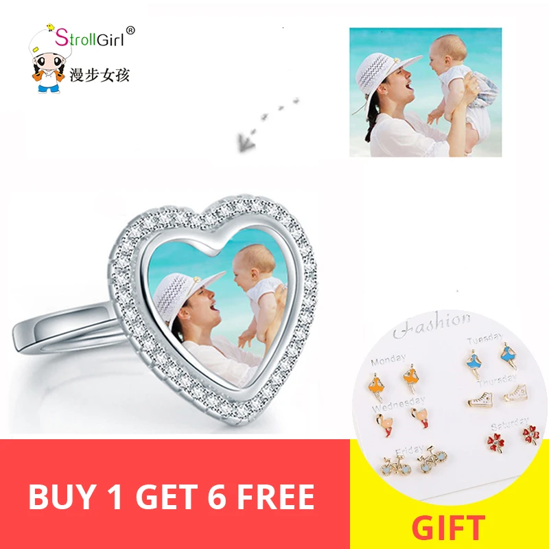 

StrollGirl Personalized Heart Shape Ring 925 Sterling Silver Customizable Photo Ring Woman Unique Anniversary Gift Free Shipping