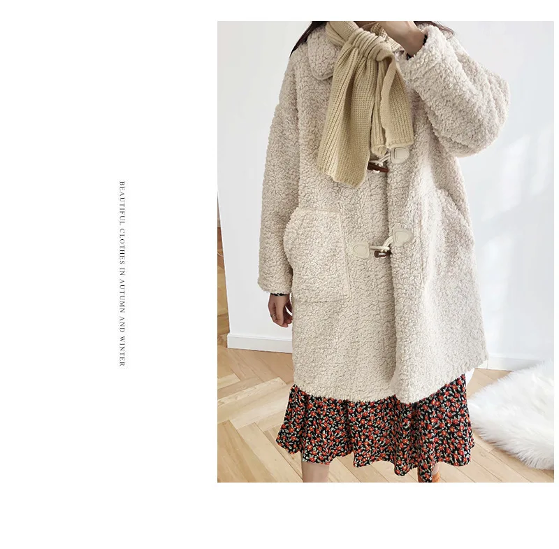 Новая женская шуба с роговыми пряжками из овечьей шерсти, женское дикое шерстяное пальто, длинное пальто, пальто, свободное толстое меховое пальто