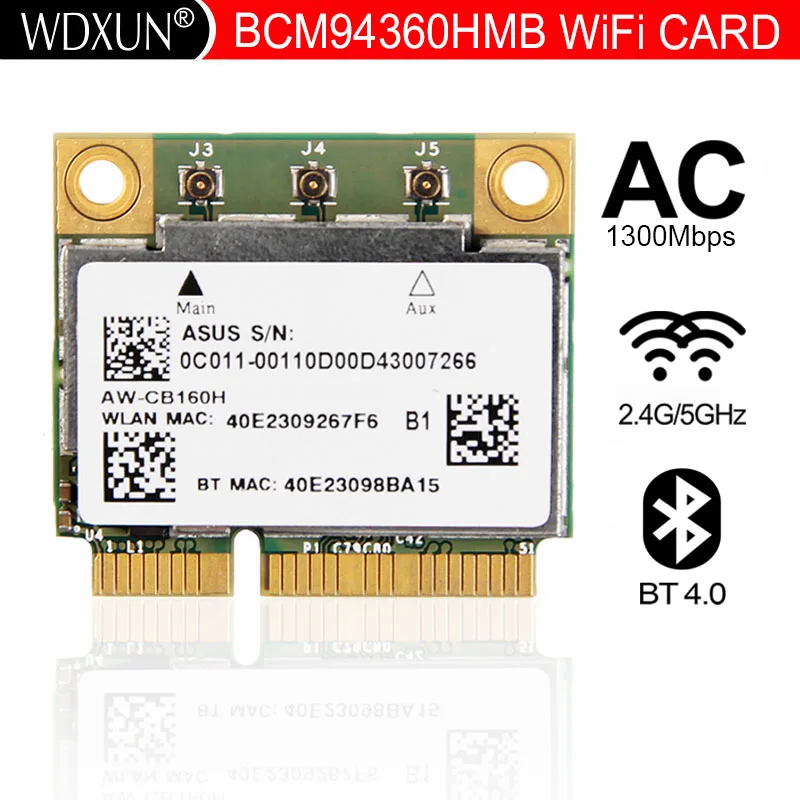 

AzureWave AW-CB160H Broadcom BCM94360HMB 802.11AC 1300Mbps Wireless WIFI WLAN Bluetooth 4.0 Mini PCI-E Card + 20cm MHF4 Antennas