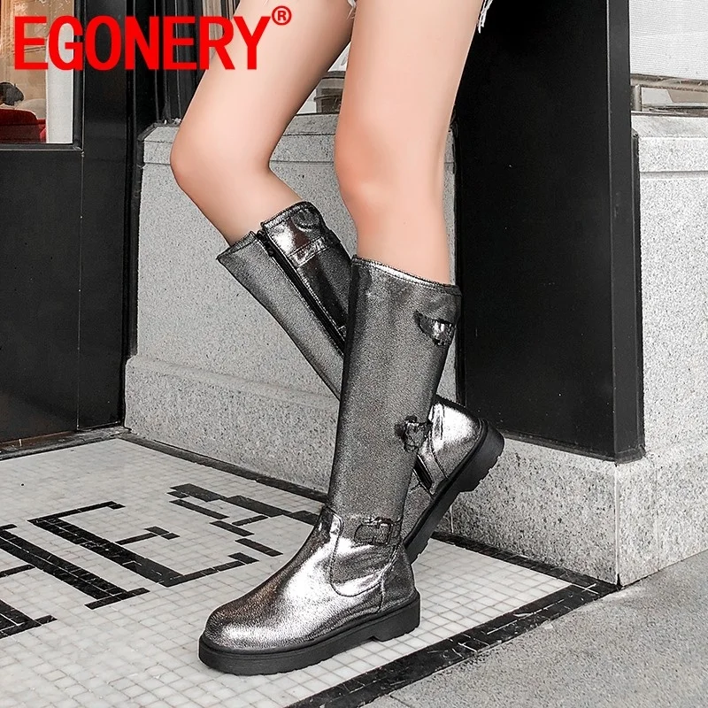 

EGONERY winter new fashion knee high boots outside comfortable low heels round toe zipper women shoes drop shipping size 34-43