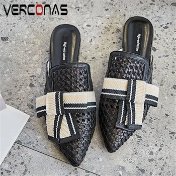 

VERCONAS 2020 Woman Sandals Woman Pumps New Arrival Summer Genuine Leather Butterfly-Knot Pointed Toe Square Heeled Shoes Woman